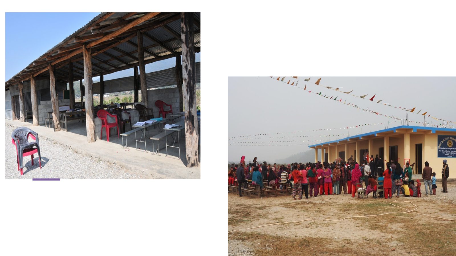 An old open-sided school next to a newly rebuilt school